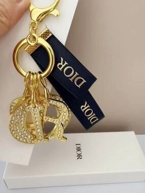 Dior GWP Gold Crystal 'D' Logo Keychain with Navy Ribbon
